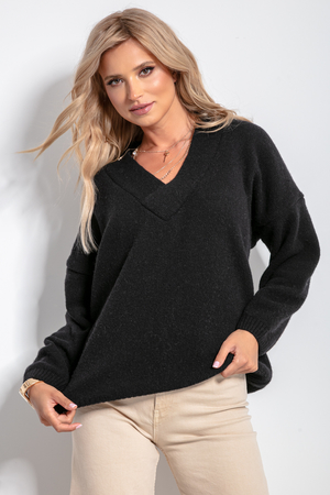 Classic short women's comfortable sweater made of 100% wool monochrome V-neckline wide hem around the neckline long sleeves